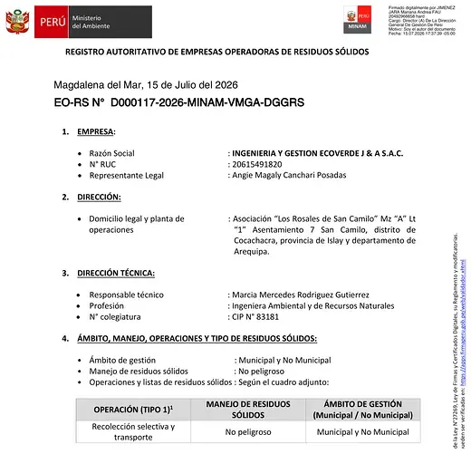 Página 1 de la resolución del MINAM que otorga a INGENIERIA Y GESTION ECOVERDE J & A S.A.C. el registro EO-RS N° D000117-2026-MINAM-VMGA-DGGRS: razón social, RUC, domicilio legal, responsable técnica CIP 83181, ámbito municipal y no municipal, manejo no peligroso y operación de recolección selectiva y transporte.