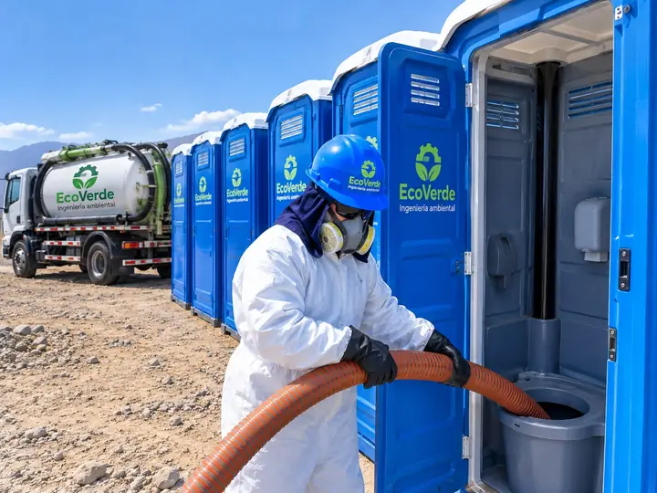 Operario de EcoVerde dando mantenimiento a una fila de unidades sanitarias portátiles de la empresa, con el camión de succión al fondo.